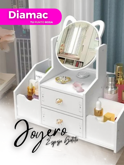 Organizador De Maquillaje Con Espejo Diseño Gato Armable