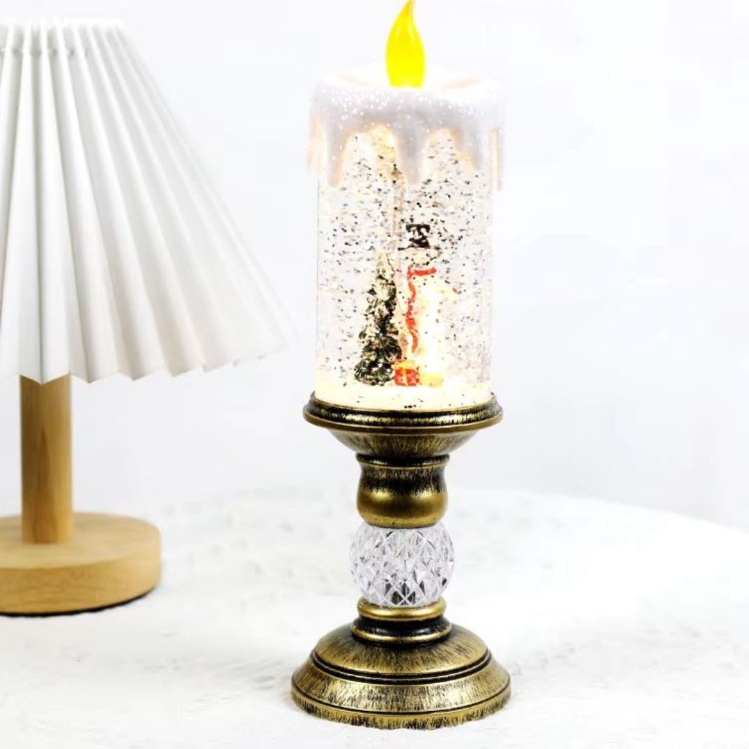 Vela LED Navideña con Purpurina y Muñeco de Nieve Decoración