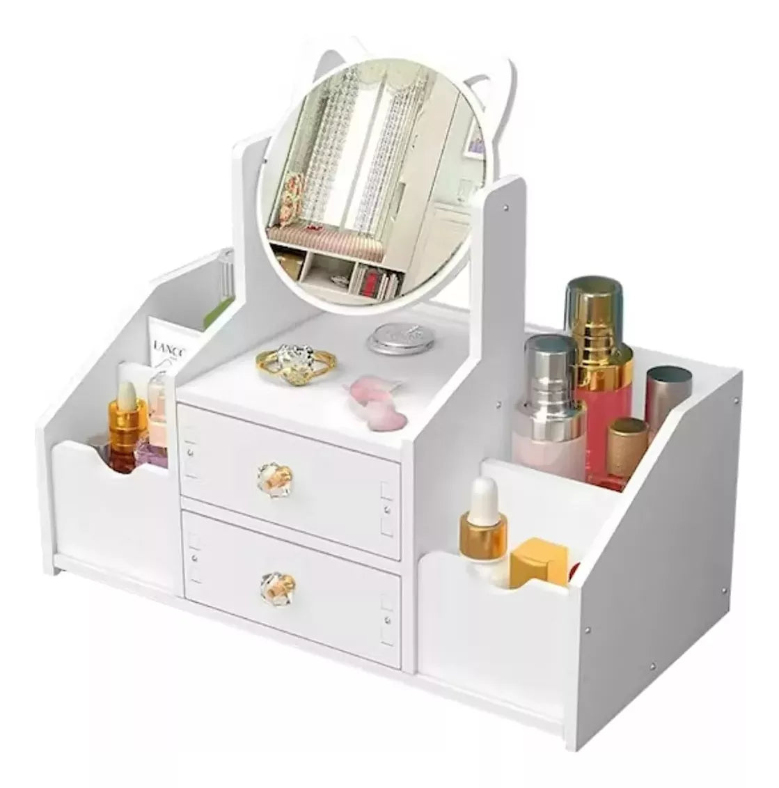 Organizador De Maquillaje Con Espejo Diseño Gato Armable