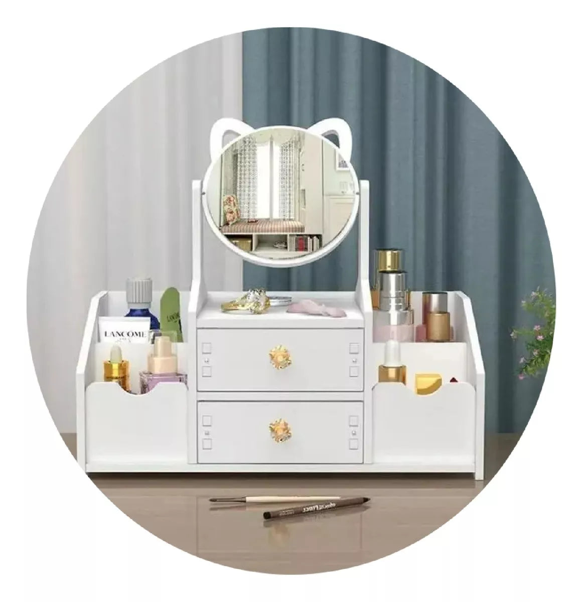 Organizador De Maquillaje Con Espejo Diseño Gato Armable