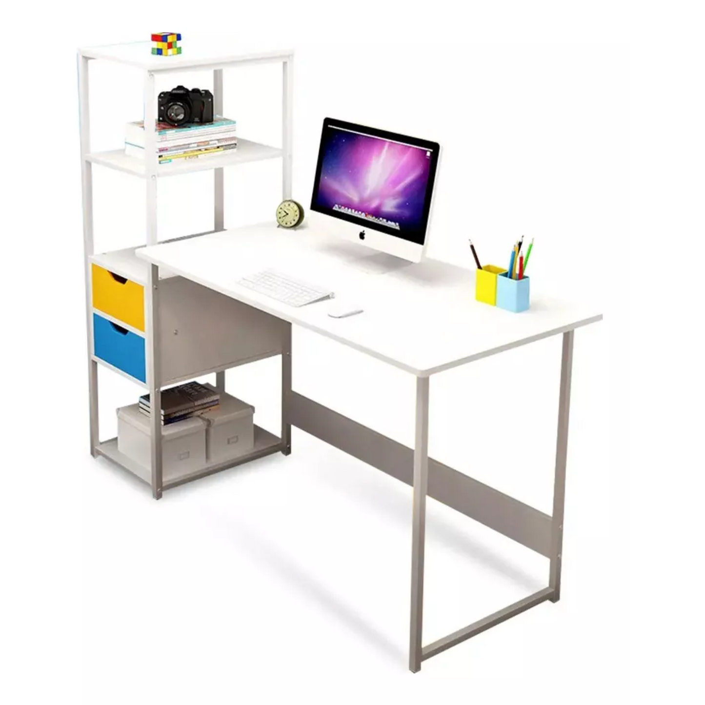 Escritorio Moderno con Repisas y Cajones para Oficina y Hogar