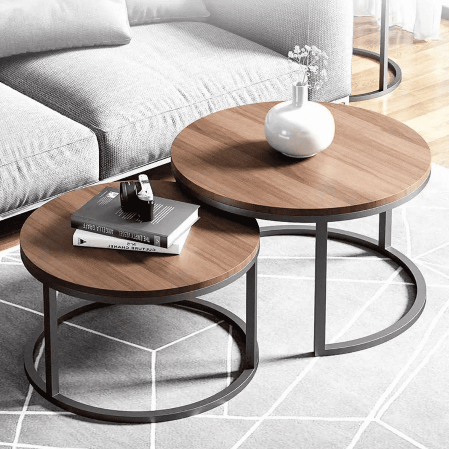 Juego de Mesa de Centro y Mesa Lateral Living Redonda Doble