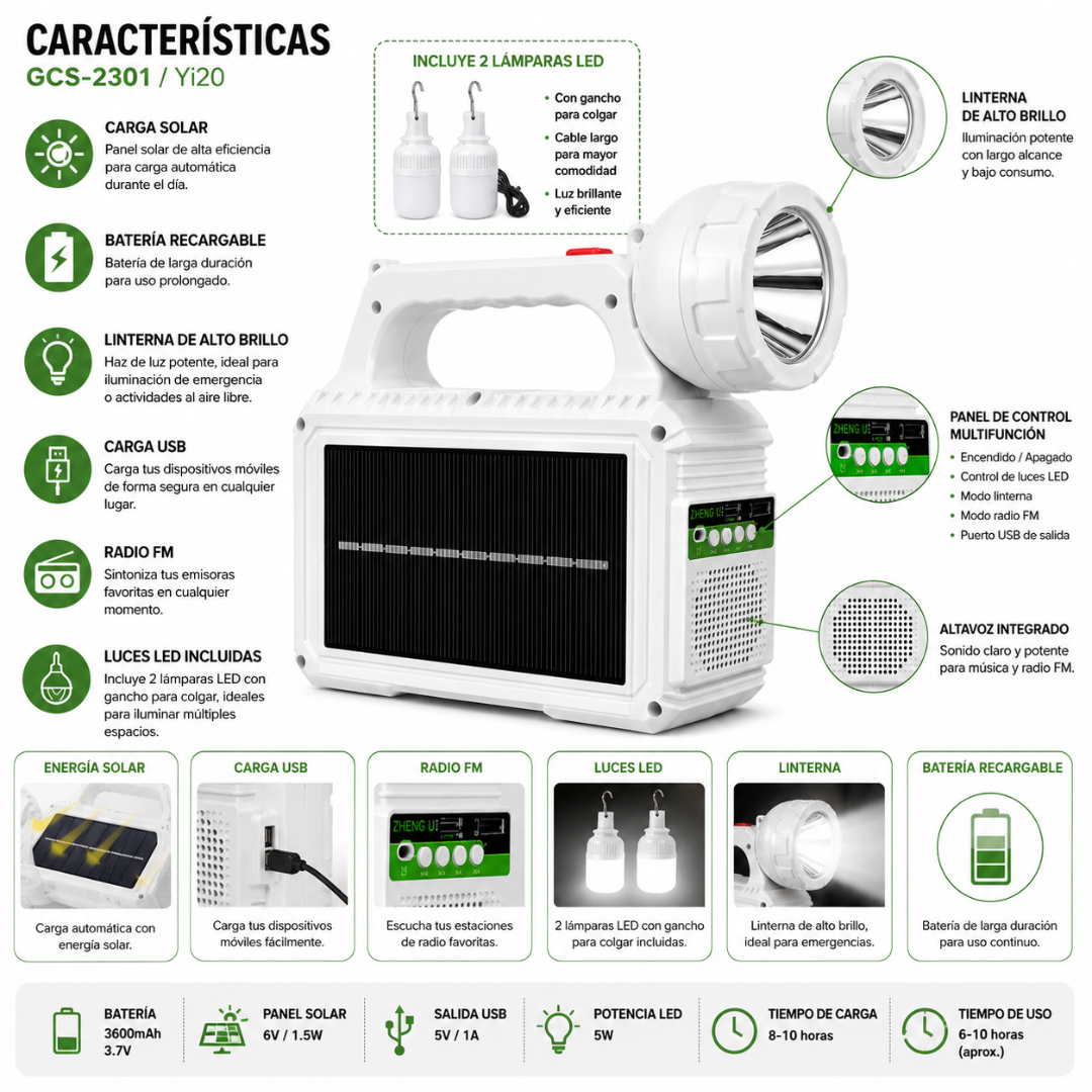 Linterna Solar Multifuncional Recargable | Radio FM, Power Bank y Luces LED | DIAMAC
