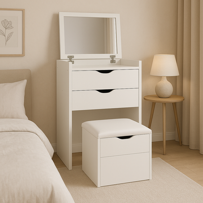 Tocador Lujo Espejo Tipo Velador Con Taburete Con Luz