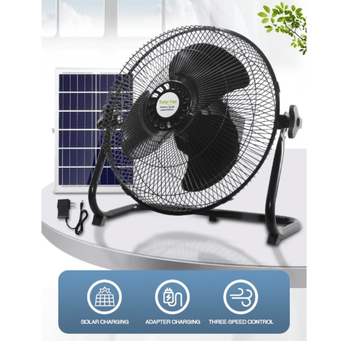 Ventilador Solar Piso Portatil Hogar Recargable Con Panel Solar