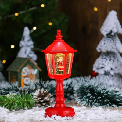 Lámpara Farol Rojo de Mesa Navideña con Música y Luz de Nieve