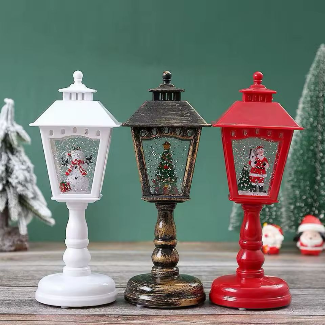 Lámpara Farol Rojo de Mesa Navideña con Música y Luz de Nieve