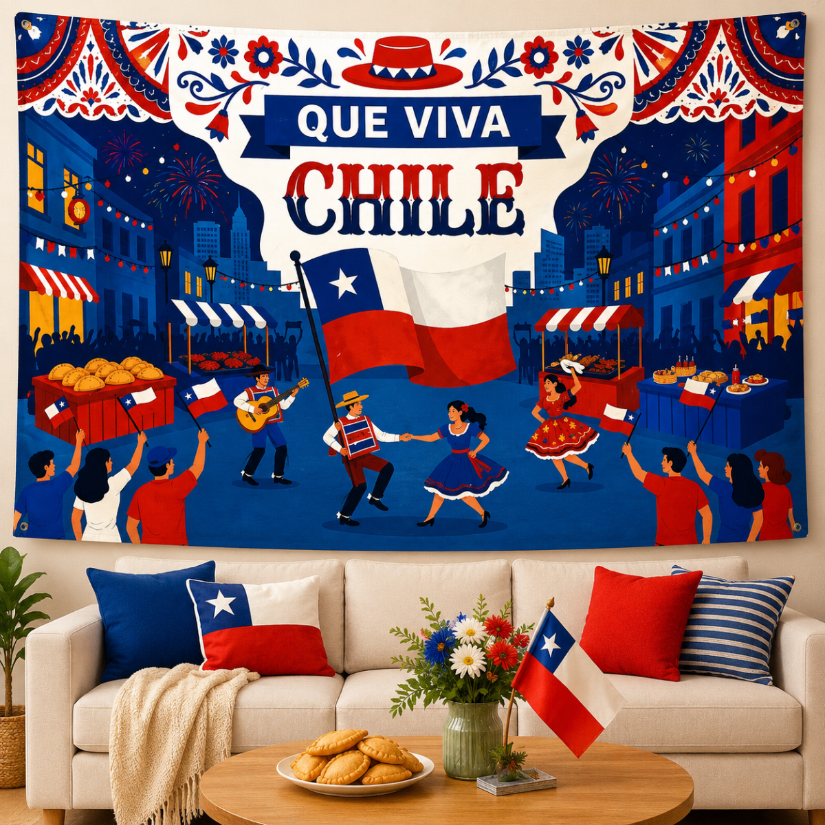 Mural Fiestas Patrias Chile Cueca y Bandera 200x180 cm