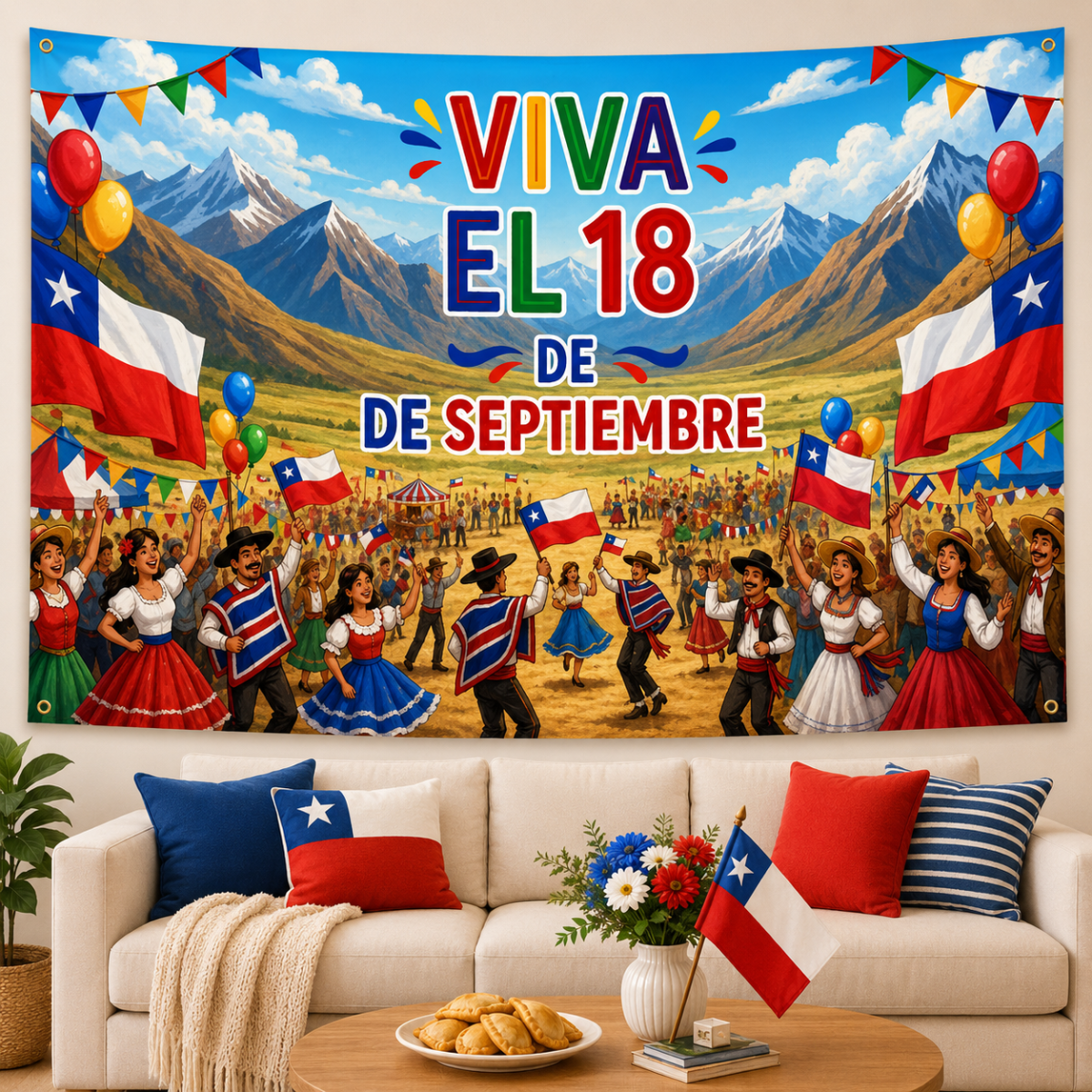 Mural Fiestas Patrias Chile Cueca y Bandera 200x180 cm