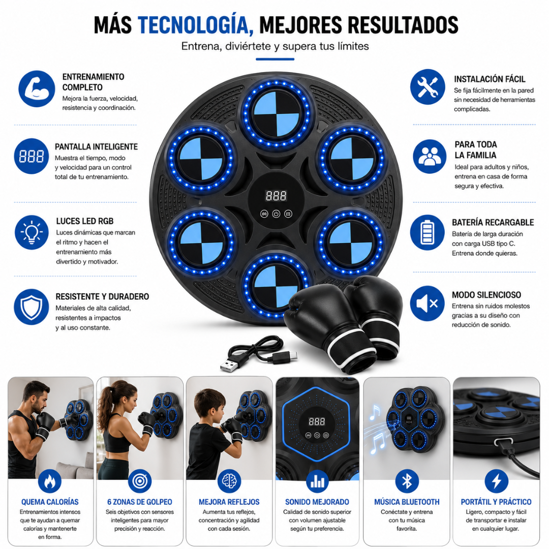 Máquina Boxeo Inteligente Musical LED Entrenamiento Reflejos USB