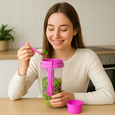 Vaso Ensaladera Hermético con Salsero y Tenedor