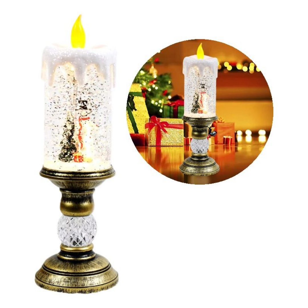 Vela LED Navideña con Purpurina y Muñeco de Nieve Decoración