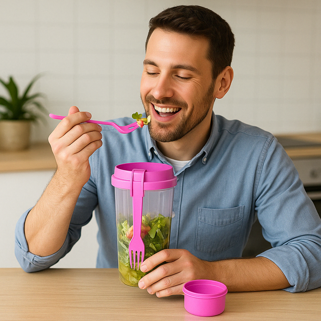 Vaso Ensaladera Hermético con Salsero y Tenedor