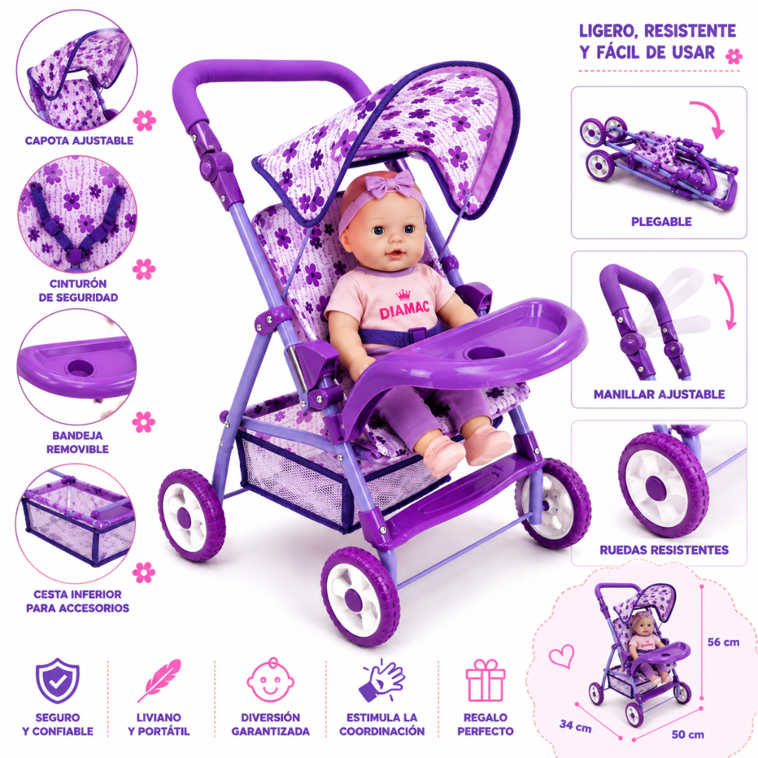 Coche para Muñecas Grande con Bandeja y Canasto Infantil