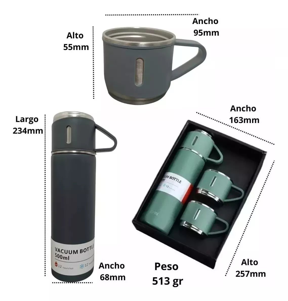 Set Termo Con 3 Tazas Vaso Térmico Acero Inox 500ml