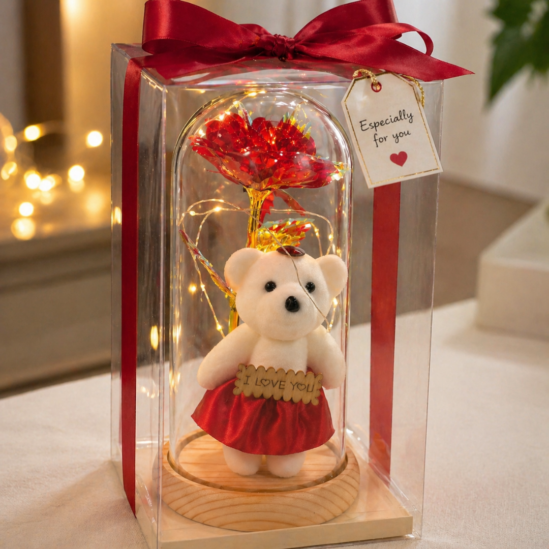 Rosa Eterna y Oso Con Cúpula de Vidrio y Luz LED