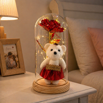Rosa Eterna y Oso Con Cúpula de Vidrio y Luz LED