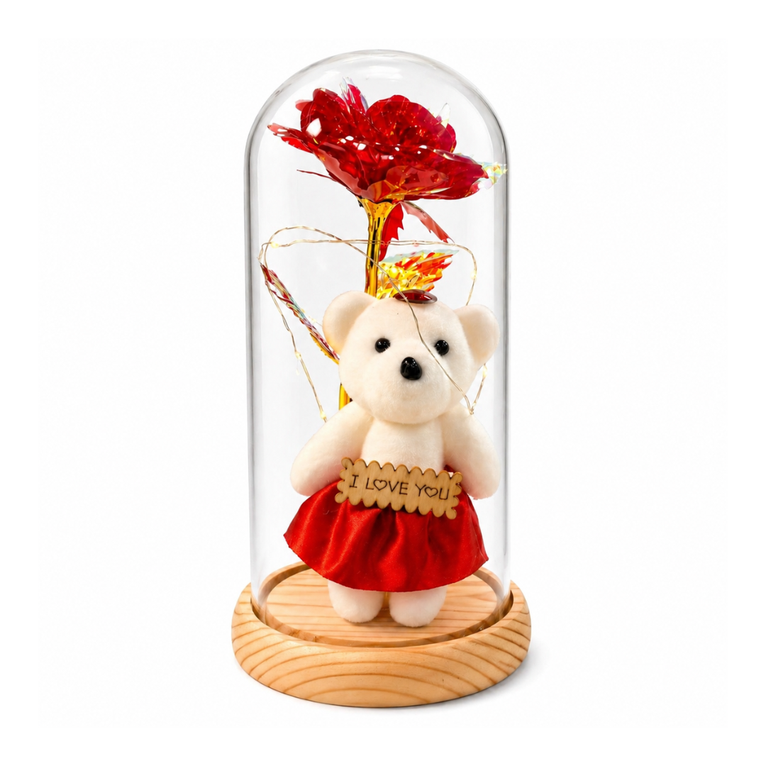Rosa Eterna y Oso Con Cúpula de Vidrio y Luz LED