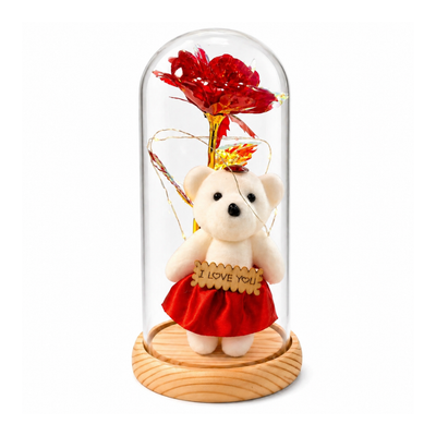 Rosa Eterna y Oso Con Cúpula de Vidrio y Luz LED