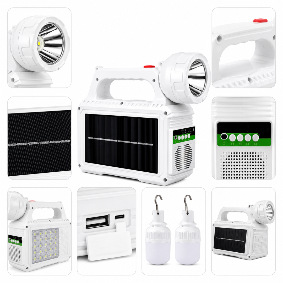 Linterna Solar Multifuncional Recargable | Radio FM, Power Bank y Luces LED | DIAMAC