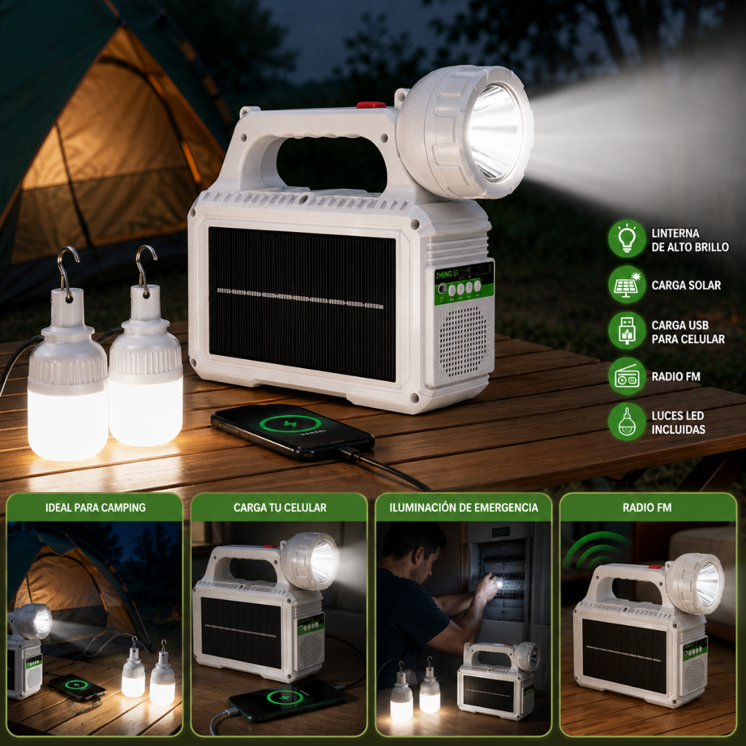 Linterna Solar Multifuncional Recargable | Radio FM, Power Bank y Luces LED | DIAMAC