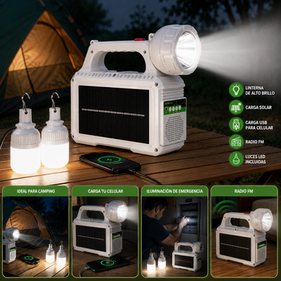 Linterna Solar Multifuncional Recargable | Radio FM, Power Bank y Luces LED | DIAMAC