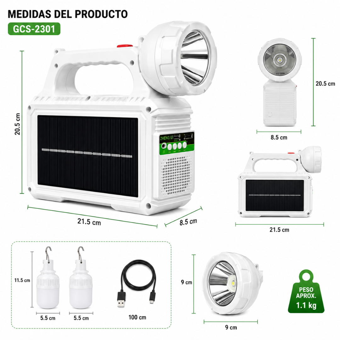 Linterna Solar Multifuncional Recargable | Radio FM, Power Bank y Luces LED | DIAMAC
