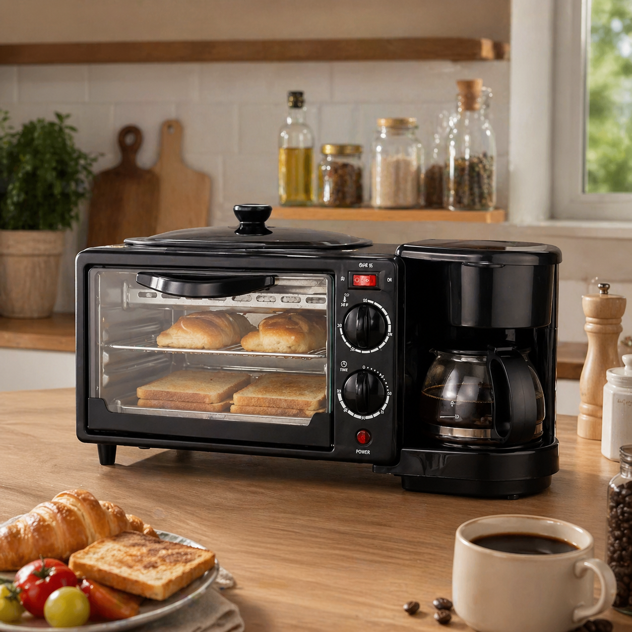 Horno Eléctrico 3 en 1 con Cafetera y Plancha