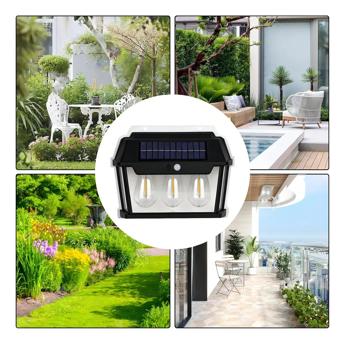 Farol Solar Aplique Pared 3 Ampolletas Sensor Luz Fría